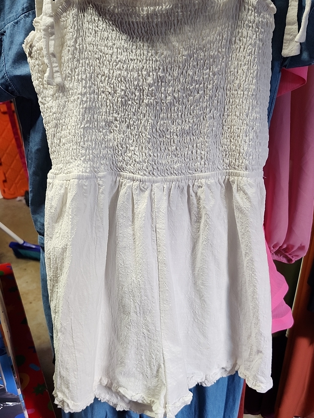 White Smocked Strap Romper with Adjustable Ties